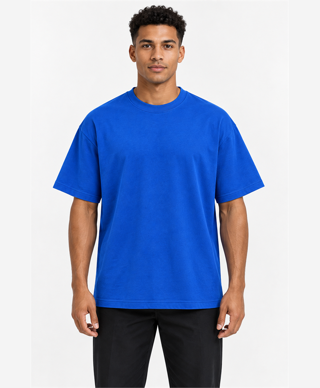 YELSOO Essential Crewneck Tee — Cobalt Blue — men's model, front view