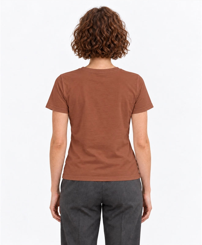 YELSOO women's Armor Belongs in Nature Pangolin Graphic Tee in Clay Brown — back model view