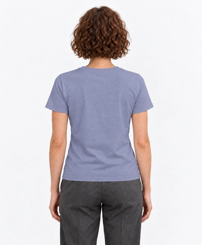 YELSOO women's Armor Belongs in Nature Pangolin Graphic Tee in Dusty Blue Violet — back model view