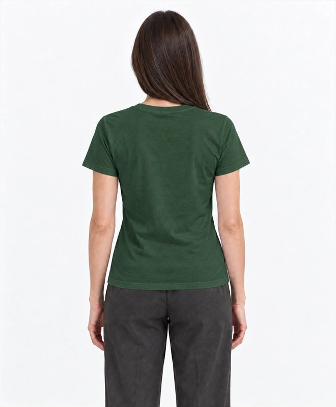 YELSOO women's Keep Steppe Alive Saiga Antelope Graphic Tee in Forest Green — back model view