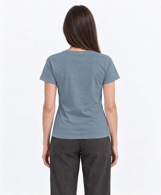 YELSOO women's Keep Steppe Alive Saiga Antelope Graphic Tee in Slate Blue — back model view