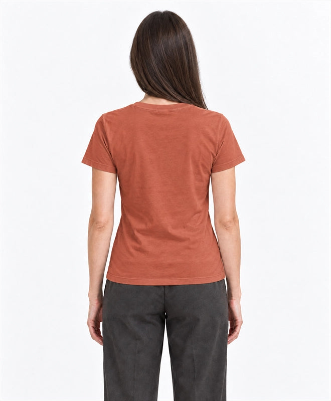 YELSOO women's Keep Steppe Alive Saiga Antelope Graphic Tee in Terracotta — back model view
