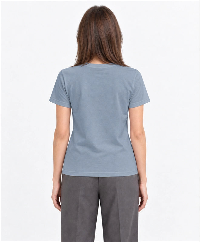 YELSOO women's Keep the Wild Free Snow Leopard Graphic Tee in Slate Blue — back model view