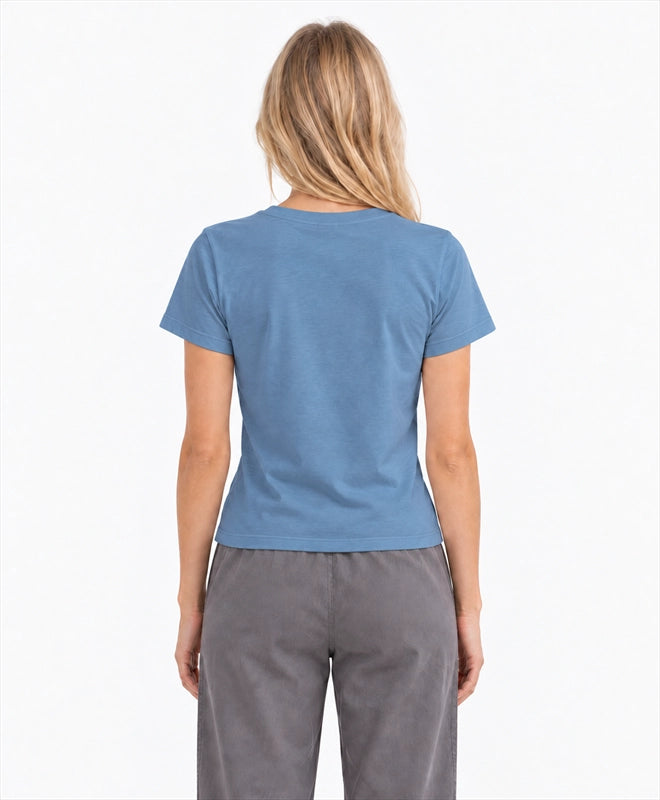 YELSOO women's Keep Their Home Cold Polar Bear Graphic Tee in Mist Blue — back model view