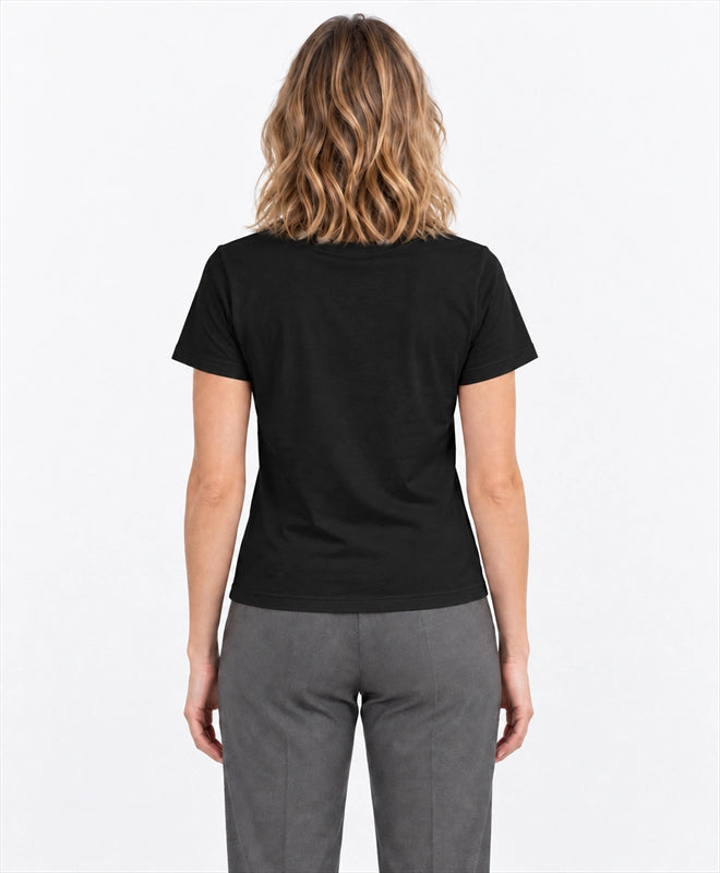 YELSOO women's Let Canopies Connect Golden Snub-Nosed Monkey Graphic Tee in Black — back model view