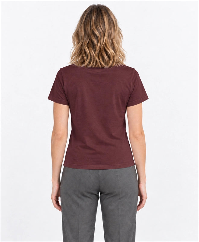 YELSOO women's Let Canopies Connect Golden Snub-Nosed Monkey Graphic Tee in Burgundy — back model view