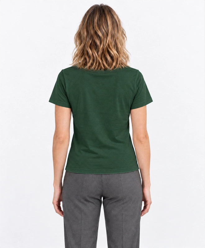 YELSOO women's Let Canopies Connect Golden Snub-Nosed Monkey Graphic Tee in Forest Green — back model view