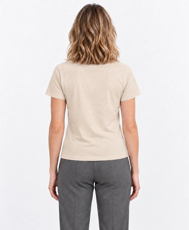 YELSOO women's Let Canopies Connect Golden Snub-Nosed Monkey Graphic Tee in Sand — back model view