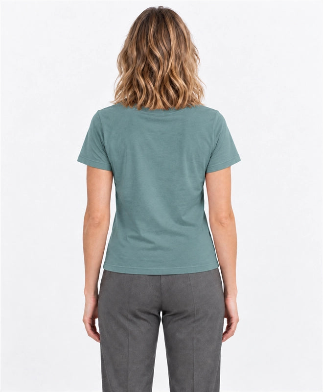 YELSOO women's Let Canopies Connect Golden Snub-Nosed Monkey Graphic Tee in Soft Teal — back model view