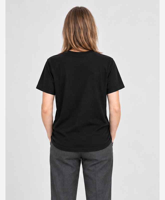 Pollinators Find Home Graphic Tee — women's model, back view