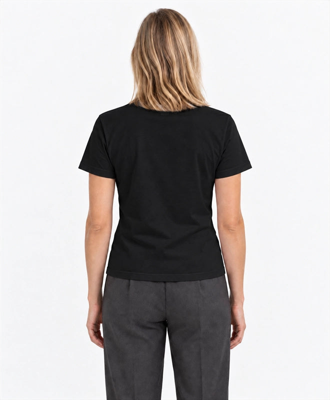 YELSOO women's Save the Ice Below Walrus Graphic Tee in Black — back model view