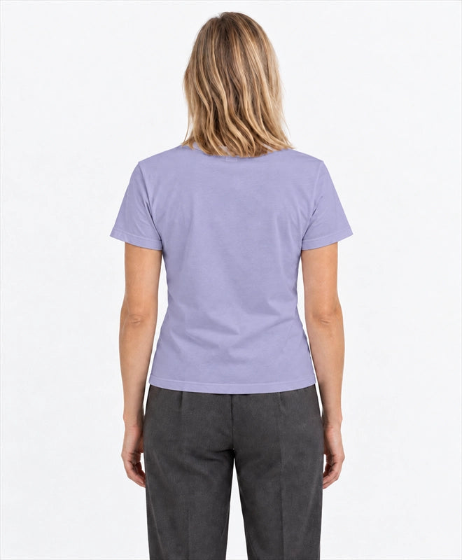 YELSOO women's Save the Ice Below Walrus Graphic Tee in Glacier Lilac — back model view