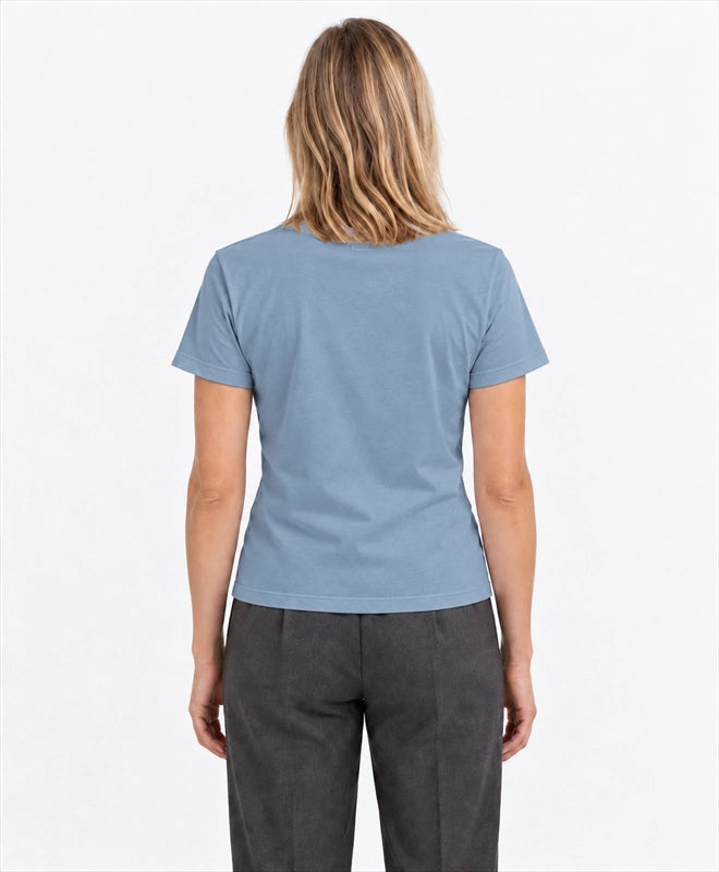 YELSOO women's Save the Ice Below Walrus Graphic Tee in Ice Rock Blue — back model view