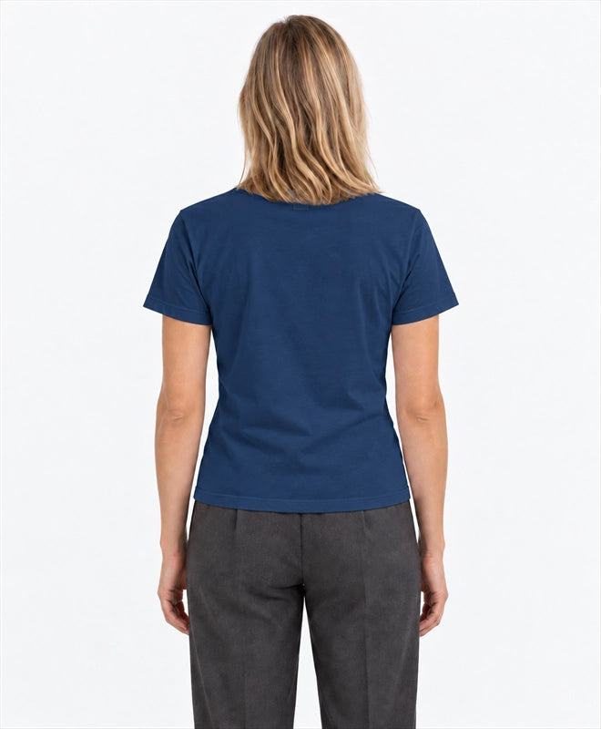 YELSOO women's Save the Ice Below Walrus Graphic Tee in Midnight Blue — back model view