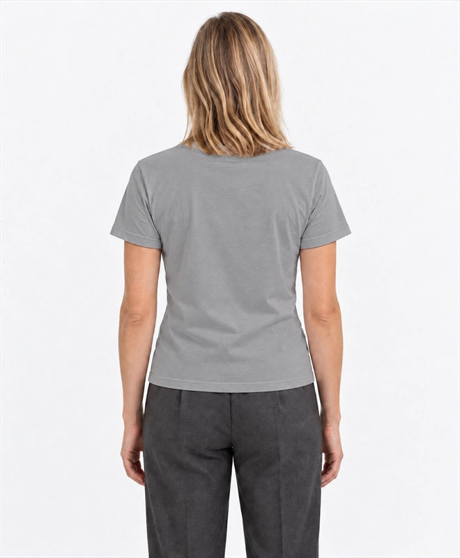YELSOO women's Save the Ice Below Walrus Graphic Tee in Tundra Gray — back model view