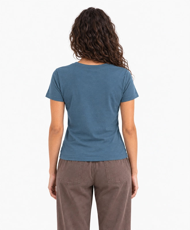 YELSOO women's Small Lives Vast Seas Seahorse Graphic Tee in Deep Sea Blue — back model view