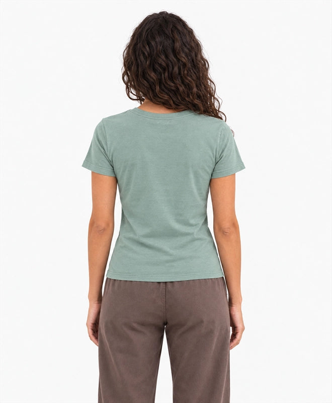 YELSOO women's Small Lives Vast Seas Seahorse Graphic Tee in Sea Salt Green — back model view