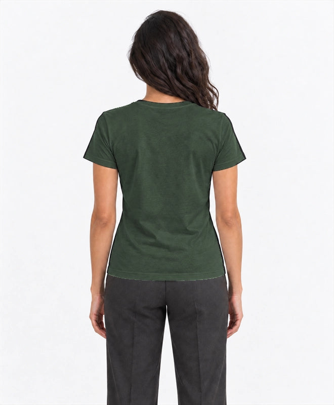 YELSOO women's Still Waters Shelter Life Axolotl Graphic Tee in Forest Green — back model view