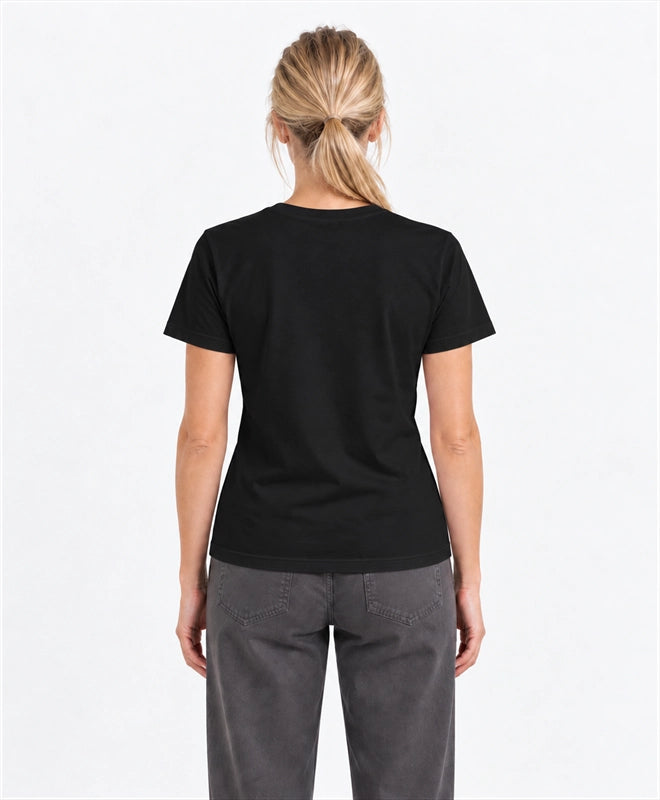 YELSOO women's Their Future is Frozen Emperor Penguin Graphic Tee in Black — back model view