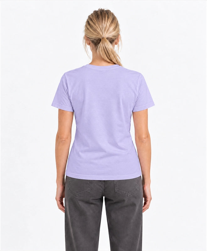 YELSOO women's Their Future is Frozen Emperor Penguin Graphic Tee in Glacier Lilac — back model view