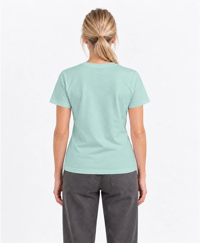 YELSOO women's Their Future is Frozen Emperor Penguin Graphic Tee in Ice Mint — back model view