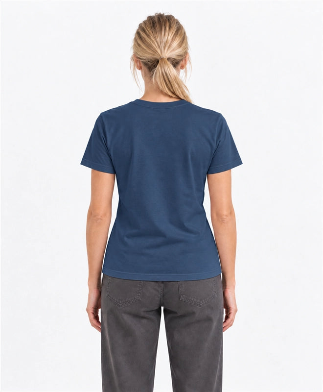 YELSOO women's Their Future is Frozen Emperor Penguin Graphic Tee in Midnight Blue — back model view