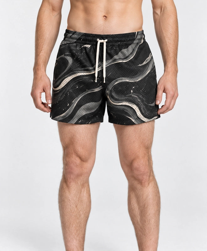 YELSOO men's Black Sand Current Mesh Shorts — front close-up