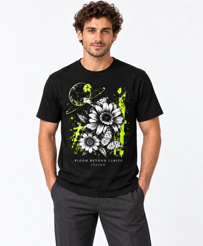 Bloom Beyond Limits Graphic Tee — men's model, front view