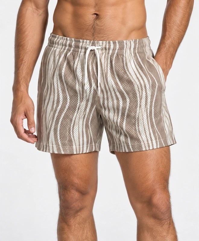 YELSOO men's Driftwood Stripes Mesh Shorts — front close-up