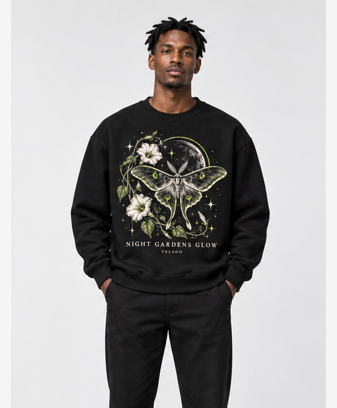 Night Gardens Glow Crewneck Sweatshirt — men's model, front view