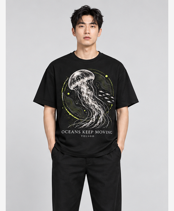Oceans Keep Moving Graphic Tee — men's model, front view