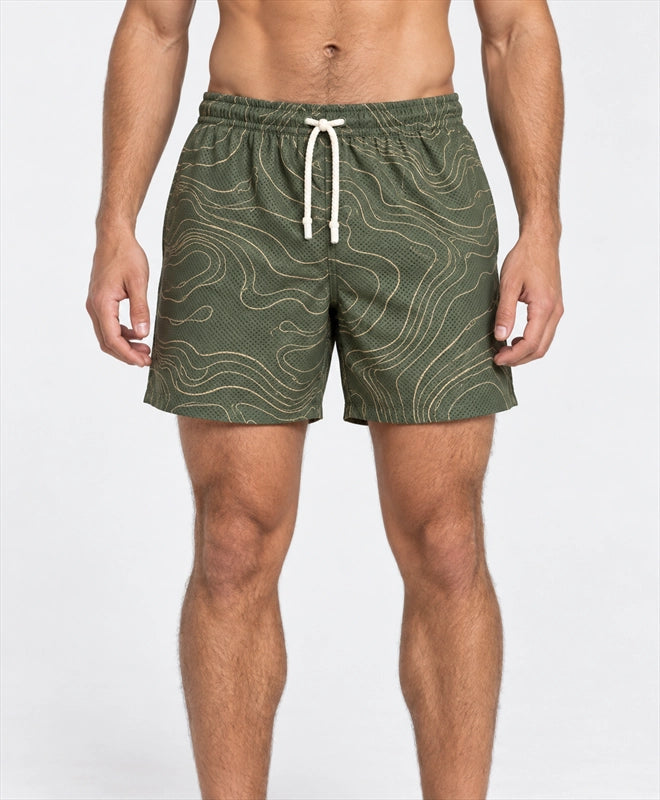 YELSOO men's Olive Sand Ridges Mesh Shorts — front close-up