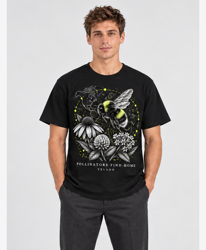 Pollinators Find Home Graphic Tee — men's model, front view