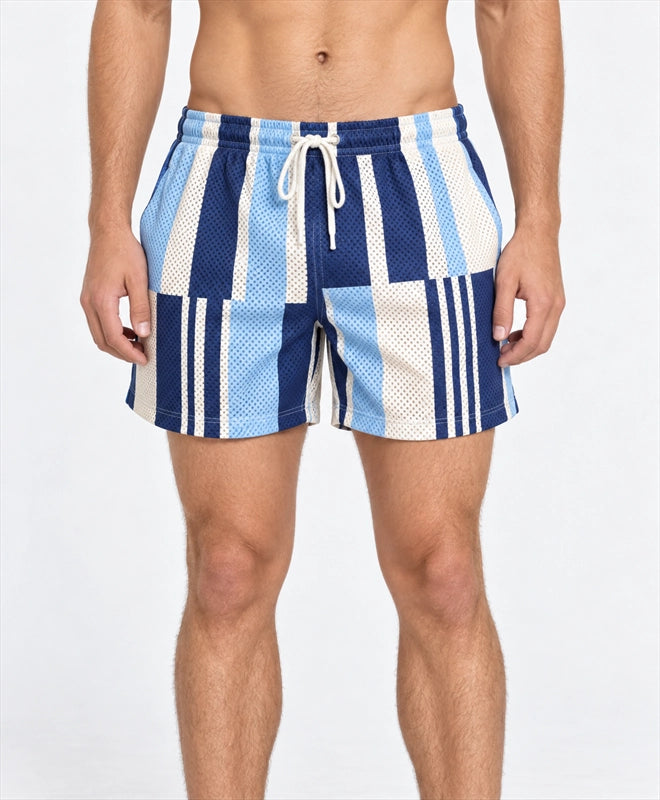 YELSOO men's Sailcloth Stripes Mesh Shorts — front close-up