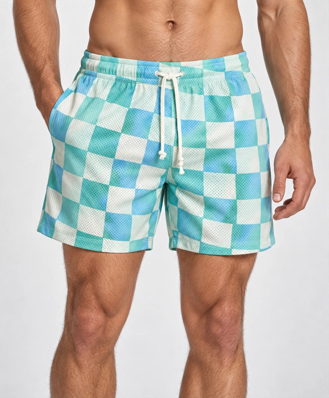 YELSOO men's Sea Glass Checkerboard Mesh Shorts — front close-up