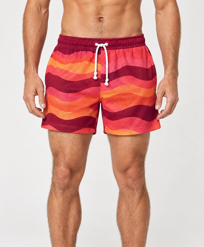 YELSOO men's Sunset Ripples Mesh Shorts — front close-up