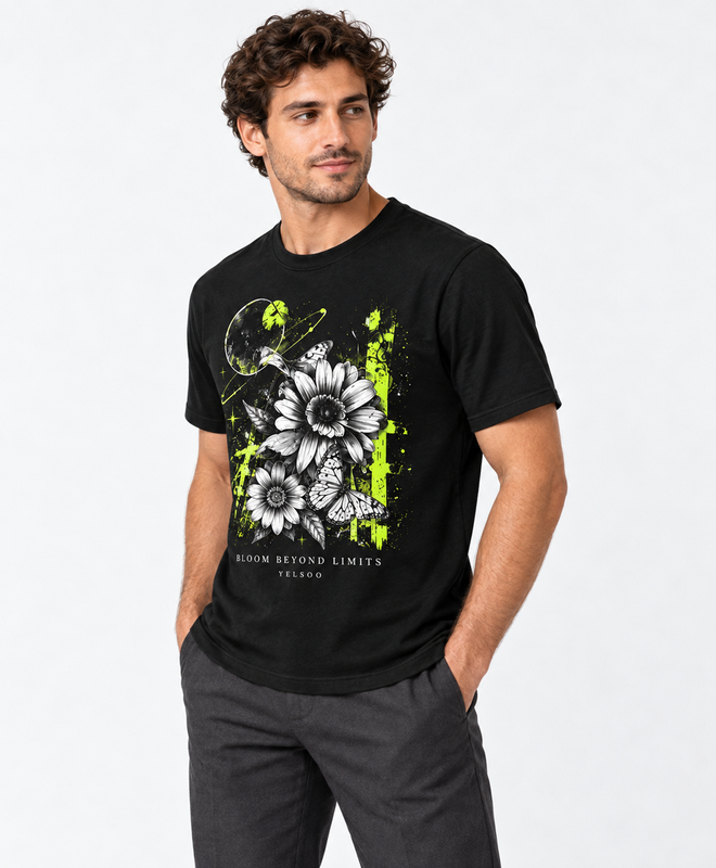 Bloom Beyond Limits Graphic Tee — men's model, three-quarter view