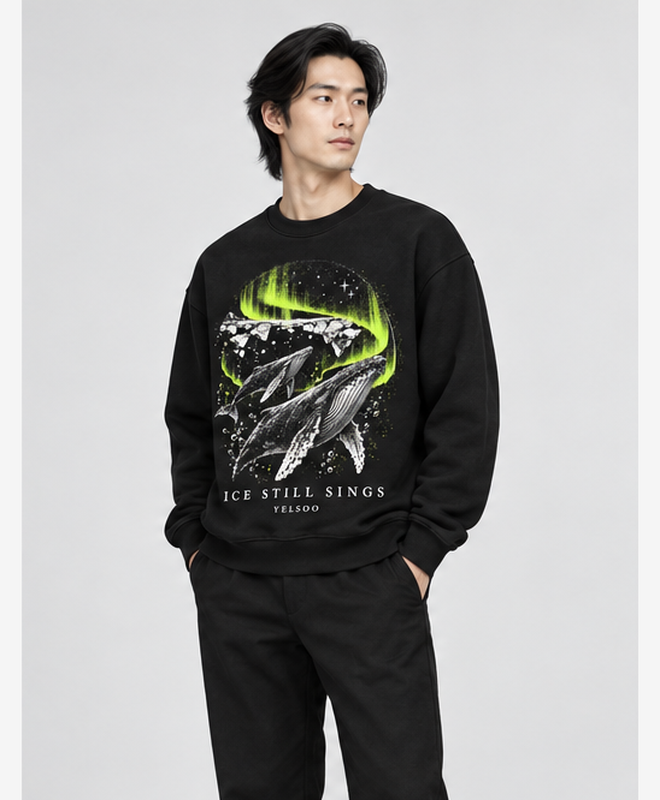 Ice Still Sings Crewneck Sweatshirt — men's model, three-quarter view
