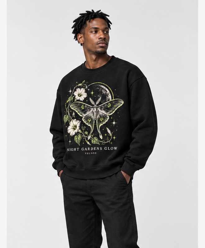 Night Gardens Glow Crewneck Sweatshirt — men's model, three-quarter view