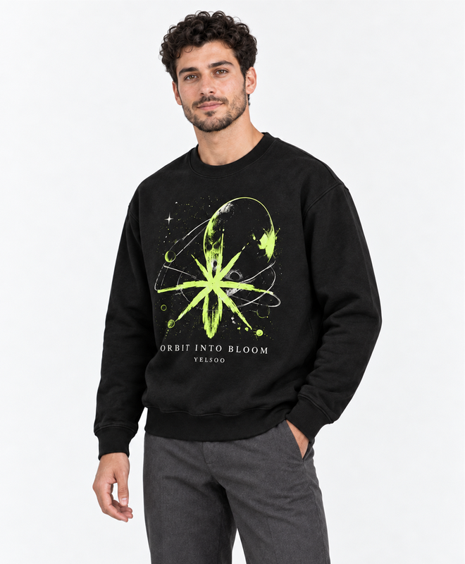 Orbit Into Bloom Crewneck Sweatshirt — men's model, three-quarter view