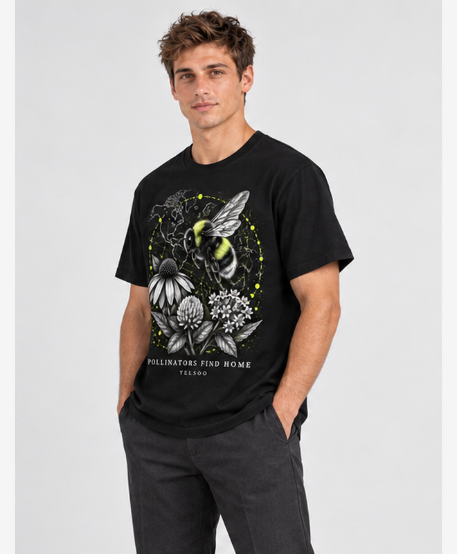 Pollinators Find Home Graphic Tee — men's model, three-quarter view