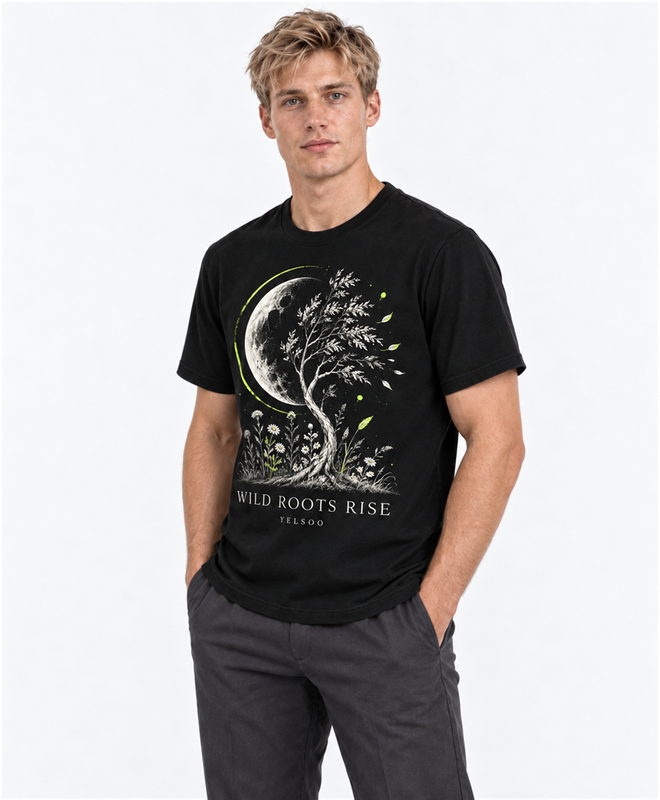 Wild Roots Rise Graphic Tee — men's model, three-quarter view