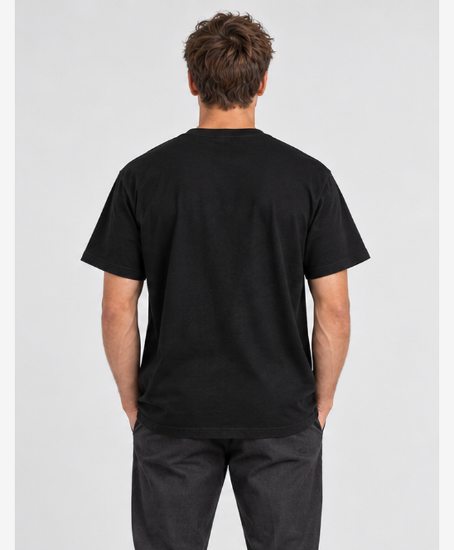 Pollinators Find Home Graphic Tee — men's model, back view