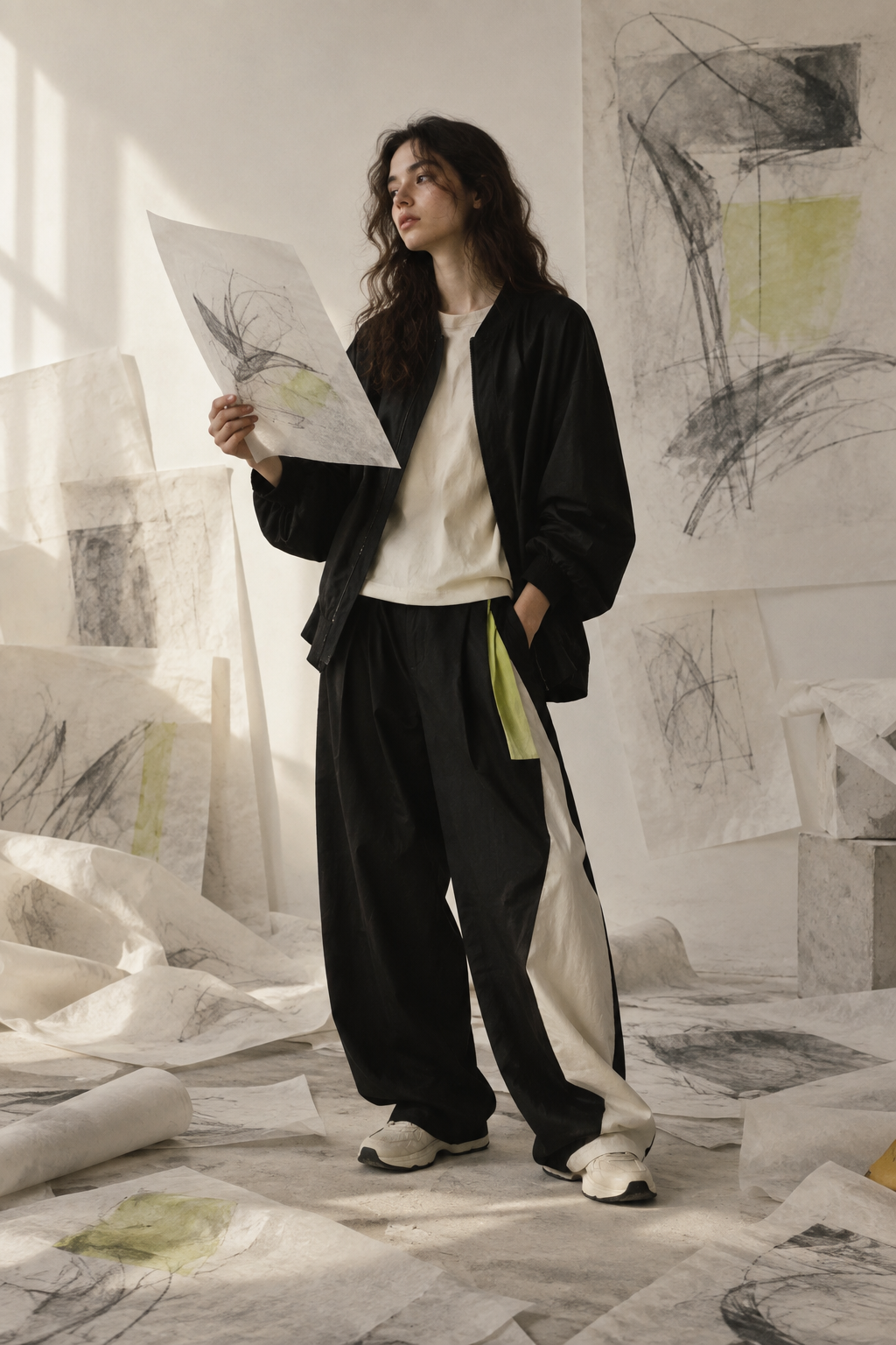 YELSOO model holding an abstract design study in the studio