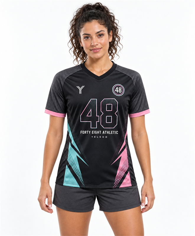 YELSOO Unisex Forty Eight Jersey in black pink aqua — female model front view