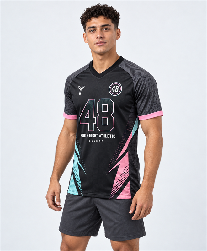 YELSOO Unisex Forty Eight Jersey in black pink aqua — model angle view