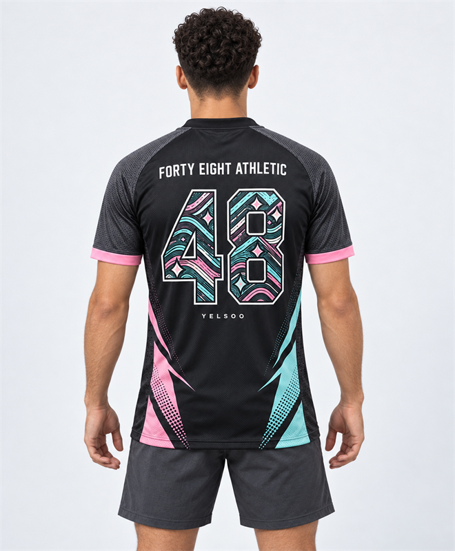 YELSOO Unisex Forty Eight Jersey in black pink aqua — model back view