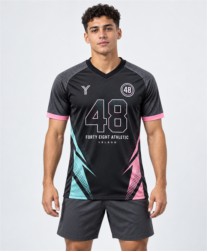 YELSOO Unisex Forty Eight Jersey in black pink aqua — model front view