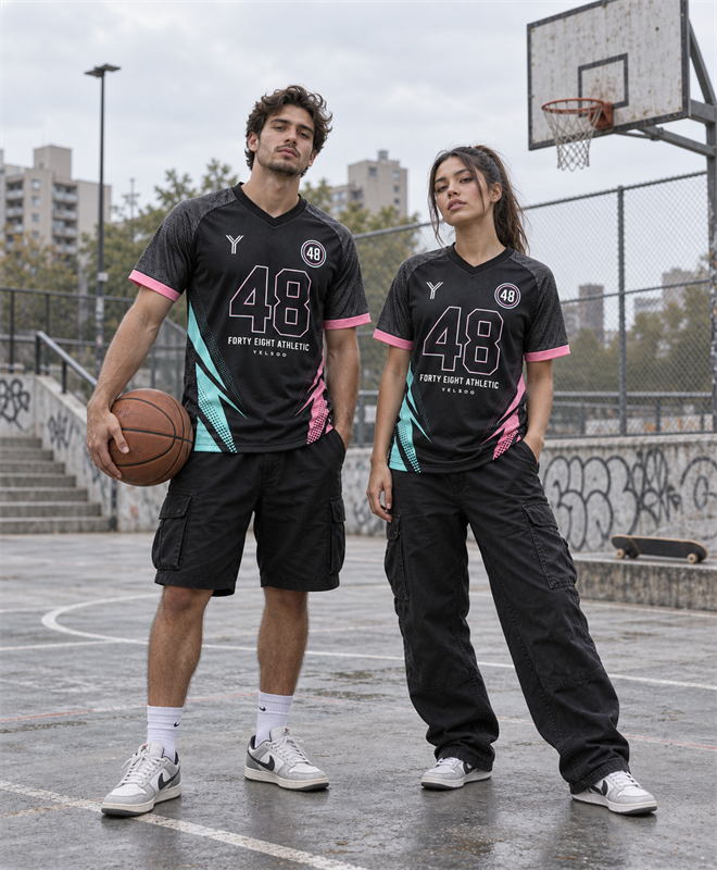 YELSOO Unisex Forty Eight Jersey in black pink aqua — street lifestyle view