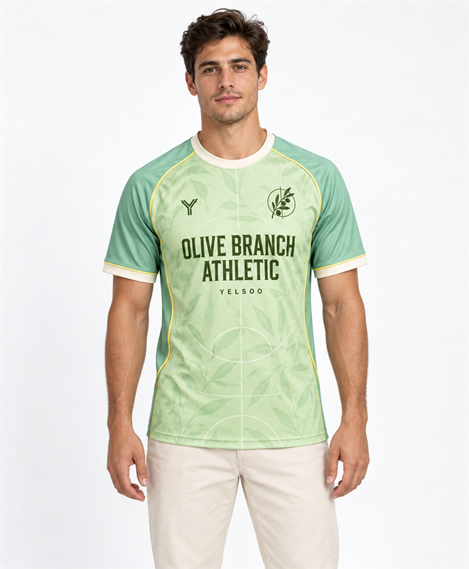 YELSOO Unisex Olive Branch Athletic Jersey in pistachio — male model front view